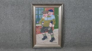 Gertrude Halsband (1917-1981), a framed oil on canvas, "Piggy Back" signed and with label to the