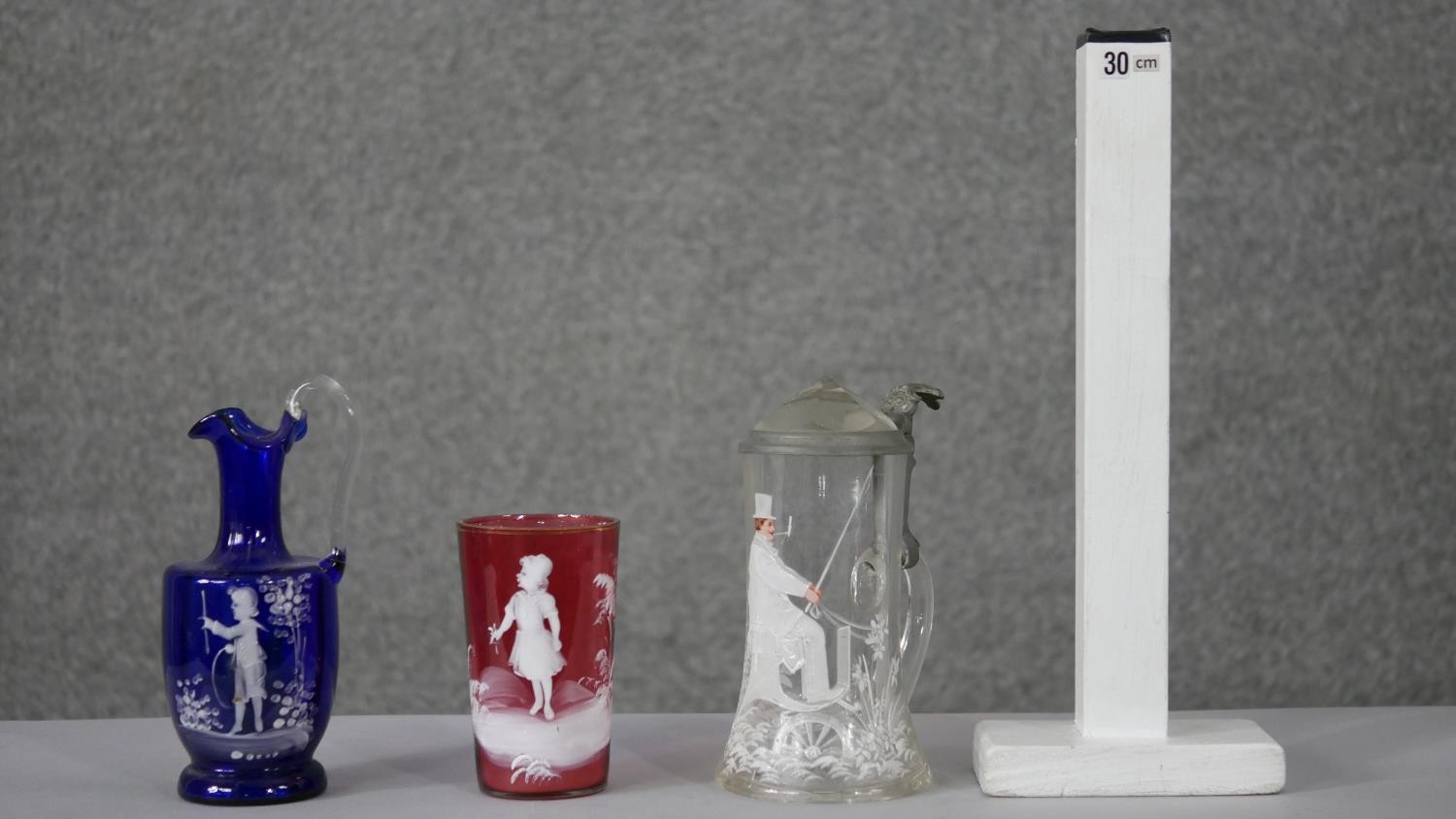 A collection of Victorian Mary Gregory style glassware. Including a cranberry blown glass cup with - Image 3 of 10
