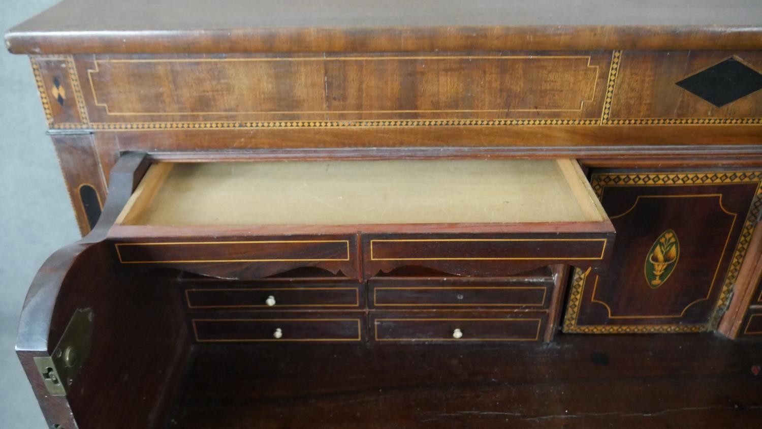 A Georgian mahogany, ebony and satinwood strung secretaire chest with fall front revealing fitted - Image 10 of 13