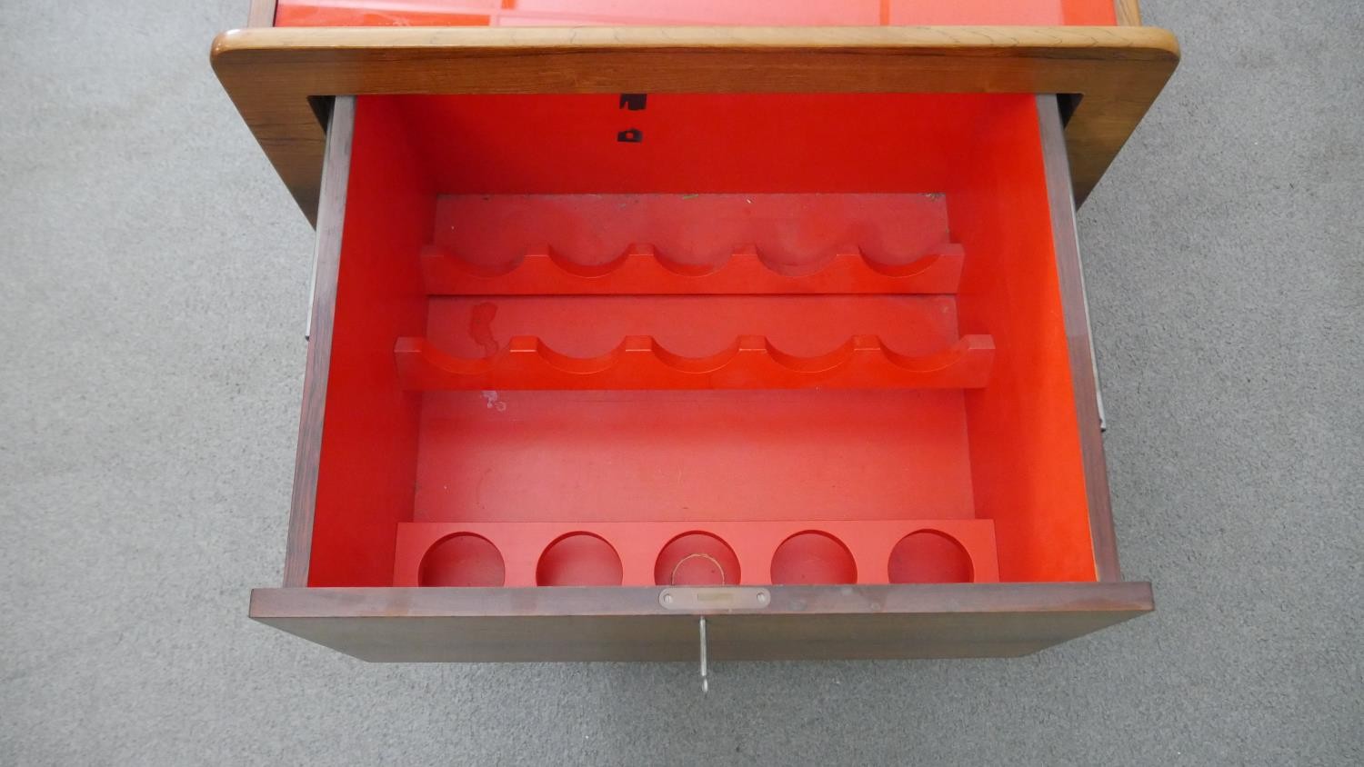 A mid century coffee table with plate glass inset top and fitted with end drinks drawer. H.53 W. - Image 6 of 8