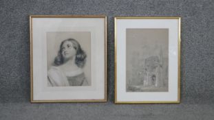 Two framed and glazed studies. One charcoal and white pastel study of a young female figure,
