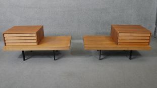 A pair of vintage teak hall tables by Punt Mobles with louvre effect drawers on metal bases. H.48