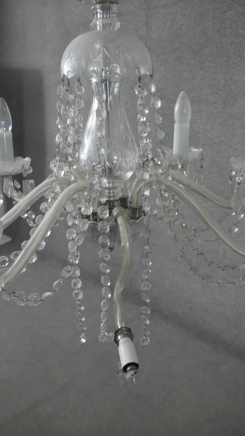 Two vintage cut crystal chandeliers, one eight (branch broken) branch and one five branch with - Image 4 of 6