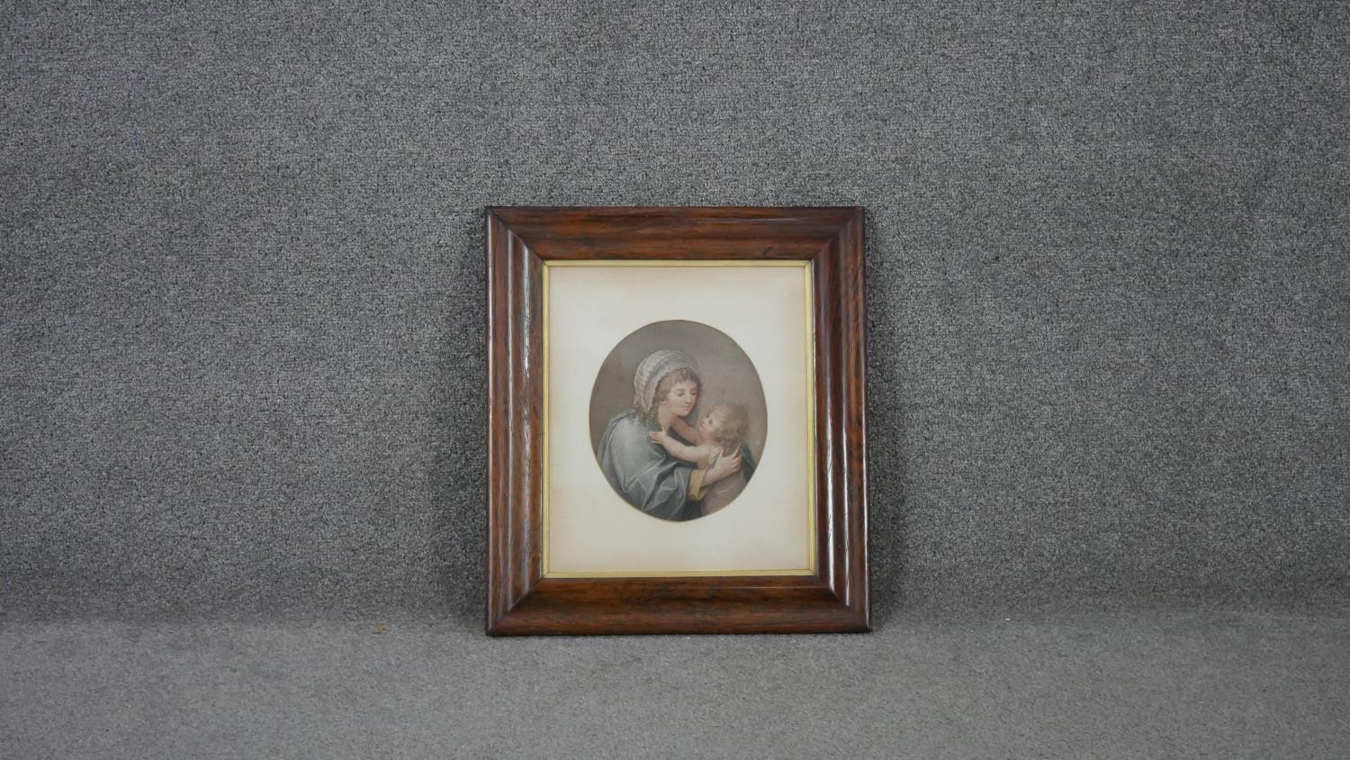 A framed and glazed 19th century hand coloured engraving of the Virgin Mary and Jesus. Unsigned. H. - Image 2 of 3