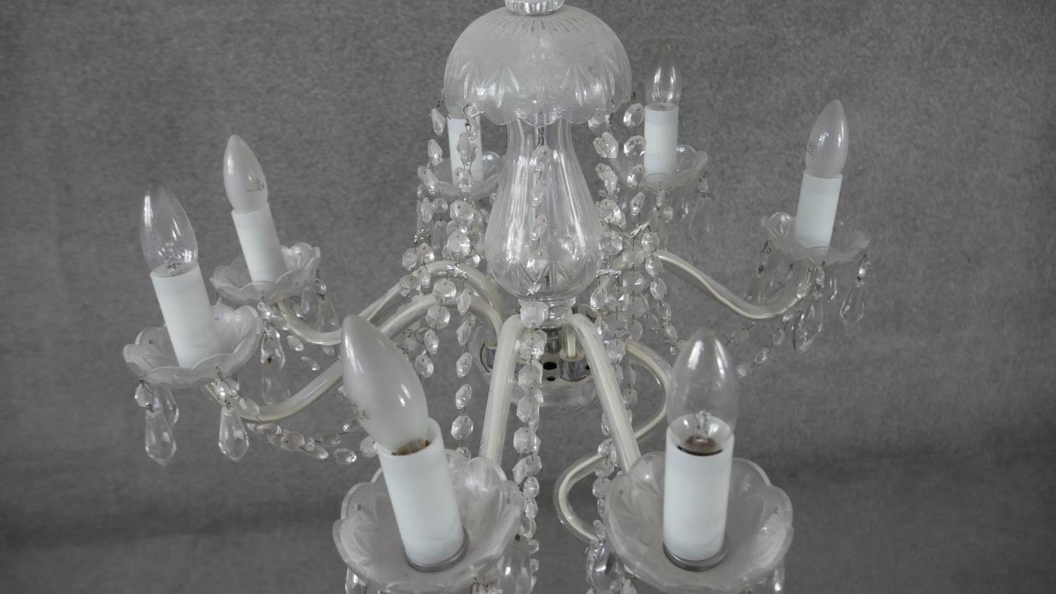 Two vintage cut crystal chandeliers, one eight (branch broken) branch and one five branch with - Image 5 of 6