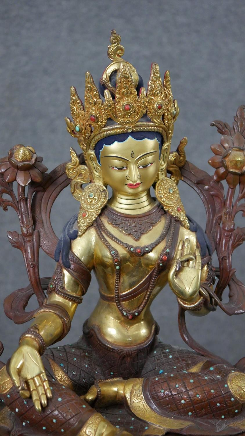 A large 20th century hand painted and gilded copper green Tara figure with hand painted details - Image 4 of 8