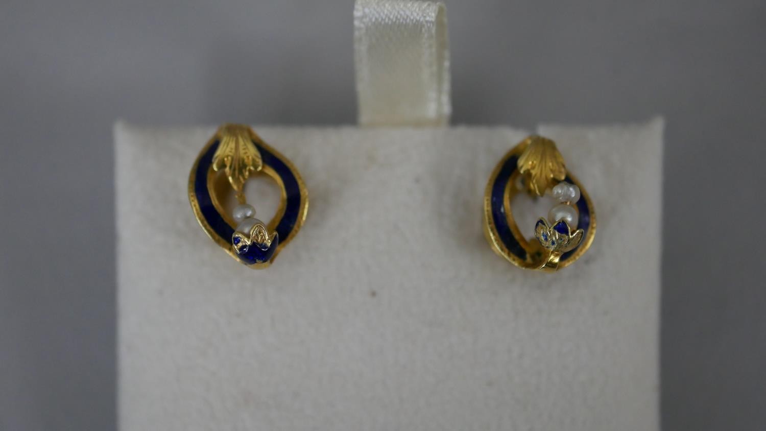 A pair of French 19th century seed pearl and blue enamel 18 carat yellow gold stud earrings. - Image 3 of 6