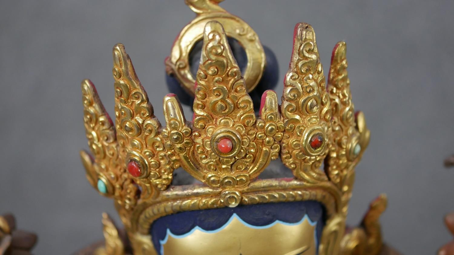 A large 20th century hand painted and gilded copper green Tara figure with hand painted details - Image 6 of 8