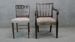 An early 19th century mahogany armchair along with a late 19th century spindle back dining chair.