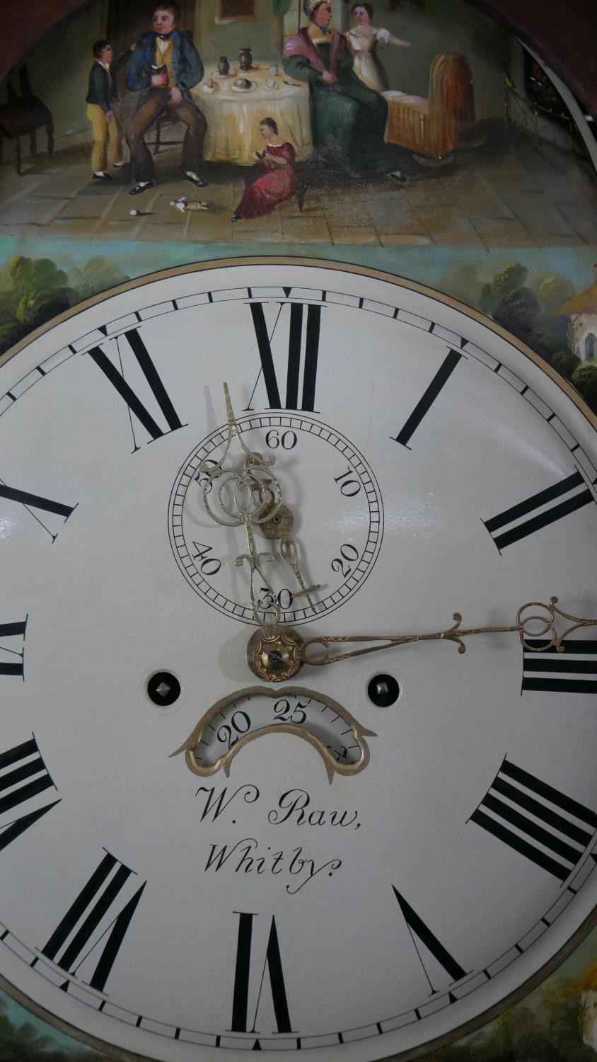A Georgian figured mahogany longcase clock signed W. Raw Whitby with swan neck pediment, painted - Image 5 of 11