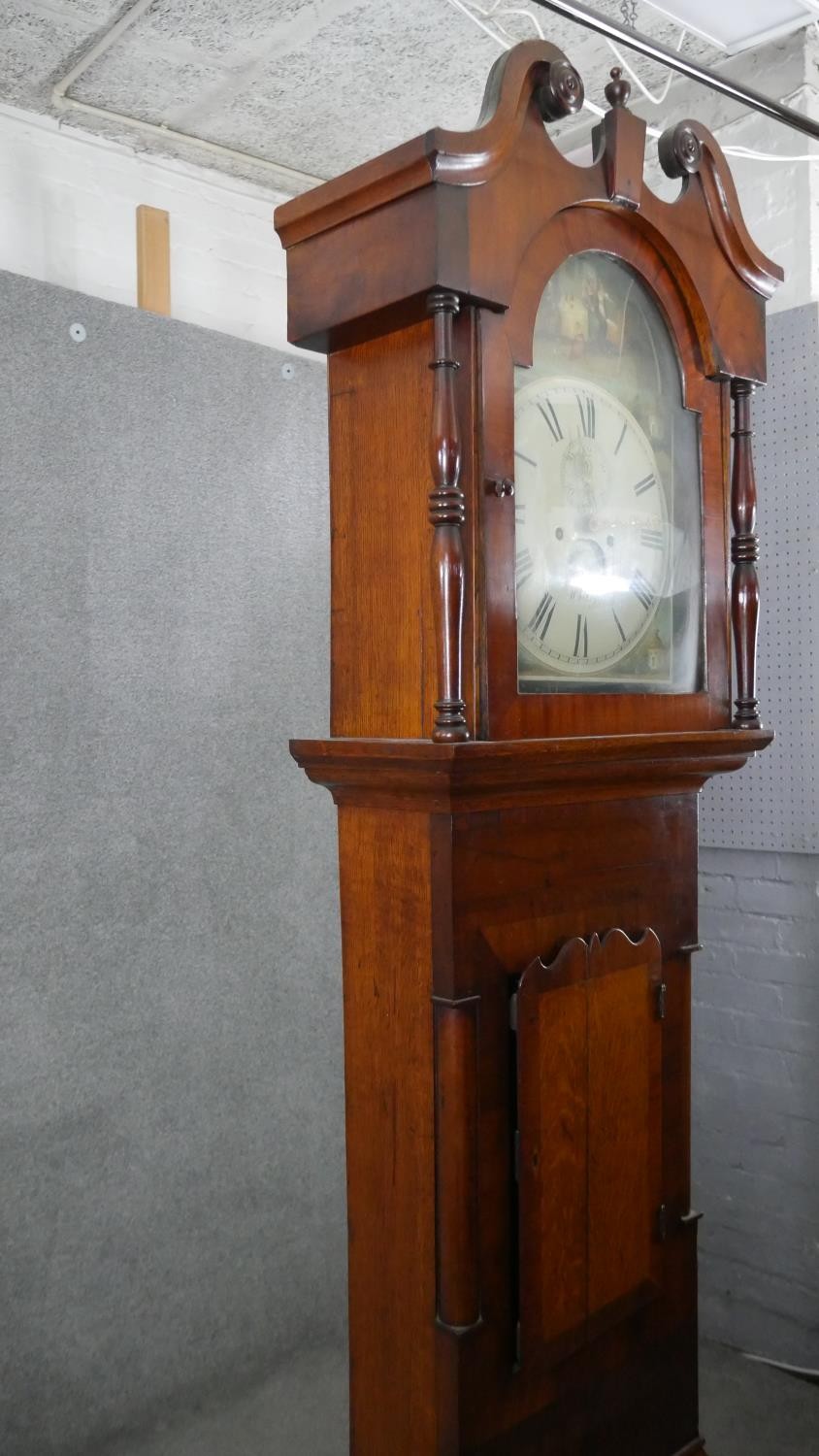 A Georgian figured mahogany longcase clock signed W. Raw Whitby with swan neck pediment, painted - Image 8 of 11