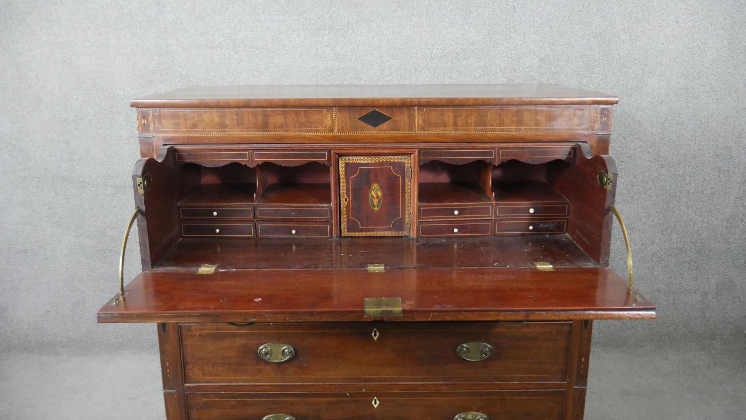 A Georgian mahogany, ebony and satinwood strung secretaire chest with fall front revealing fitted - Image 5 of 13