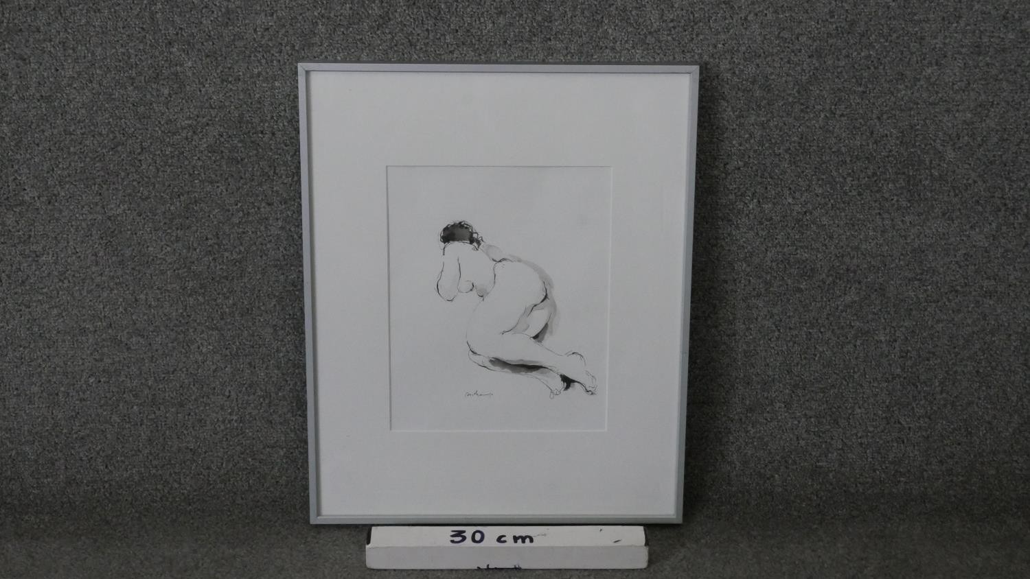 A framed and glazed signed print of a lying figure. Signed Deschamps. H.51 W.41 cm - Image 2 of 4