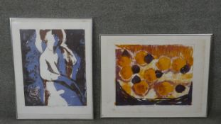 Jane Tuely- Two framed and glazed coloured lithographs. One titled 'Seated Figure', the other titled