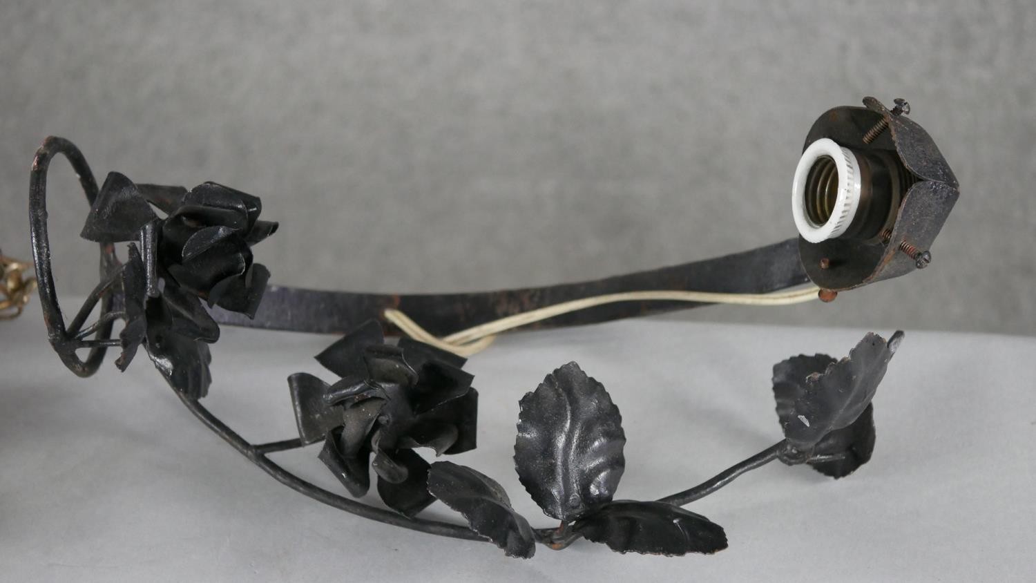 Two metal foliate and floral design lights. One black rose branch design and the other a vintage - Image 5 of 6