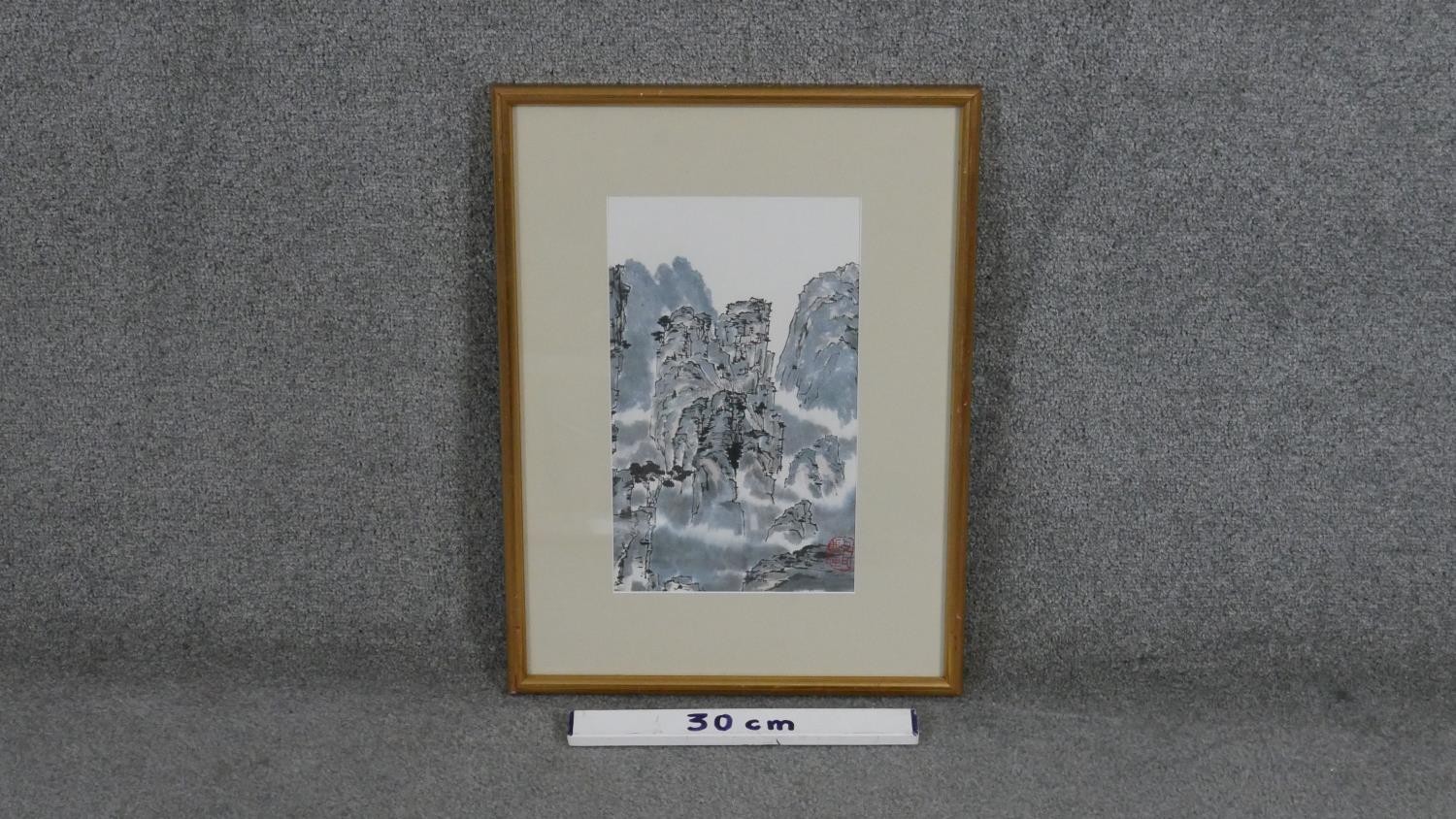 Peter Cavaciuti- A framed and glazed ink on paper of a Chinese mountain landscape, stamped with - Image 4 of 4