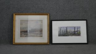 Two framed and glazed watercolours. One WWI watercolour of Delvile Wood, monogrammed R.J, label