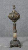 A mid century vintage brass and onyx ecclesiastical style table lamp. H.66 W.17 D.17 cm
