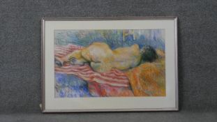 A framed and glazed pastel nude study, signed Jane Tuely. H.60 W.85 cm