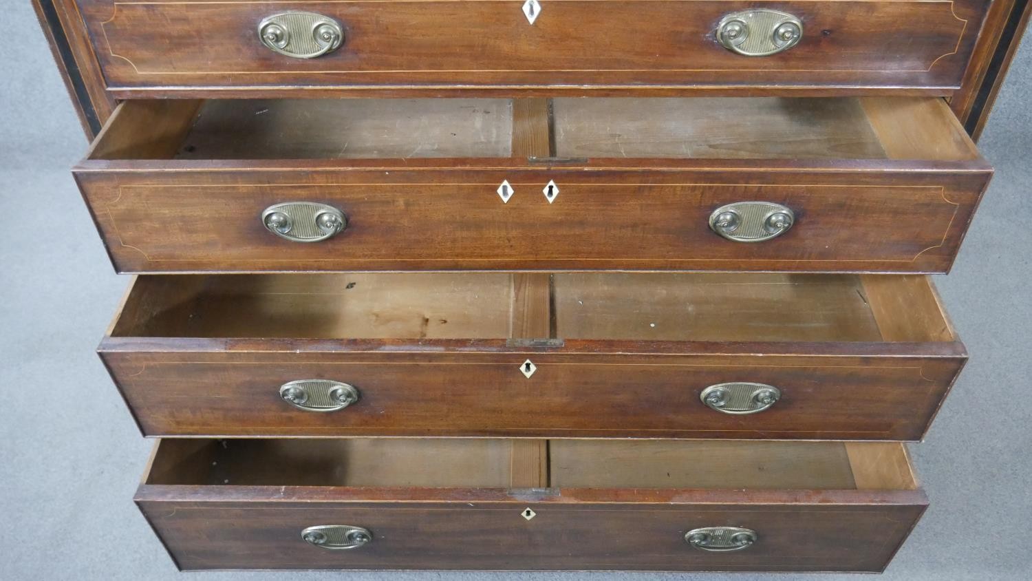 A Georgian mahogany, ebony and satinwood strung secretaire chest with fall front revealing fitted - Image 4 of 13