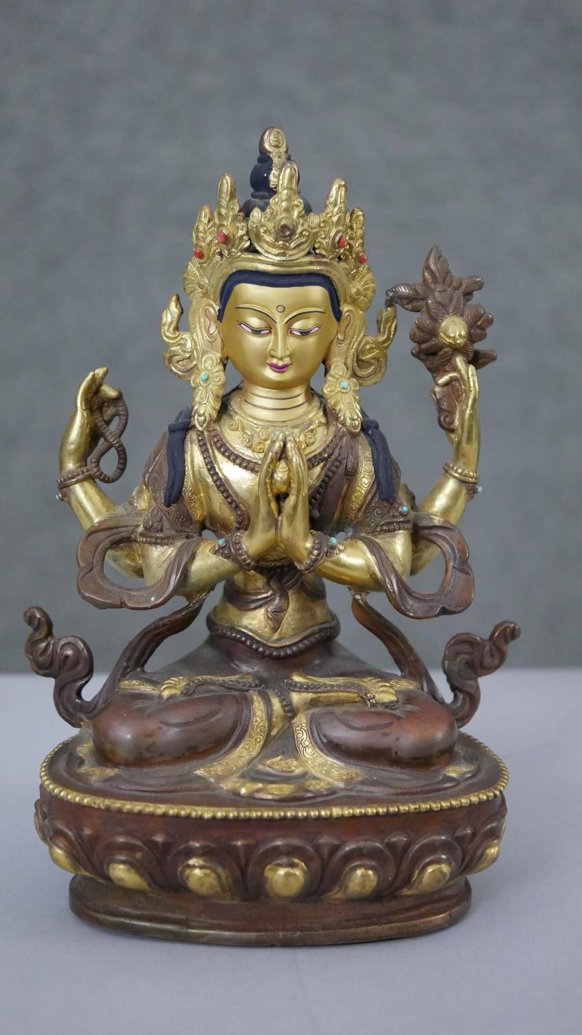 Three Tibetan gilded copper figures with hand painted detail and inlaid with coral and turquoise. - Image 8 of 9