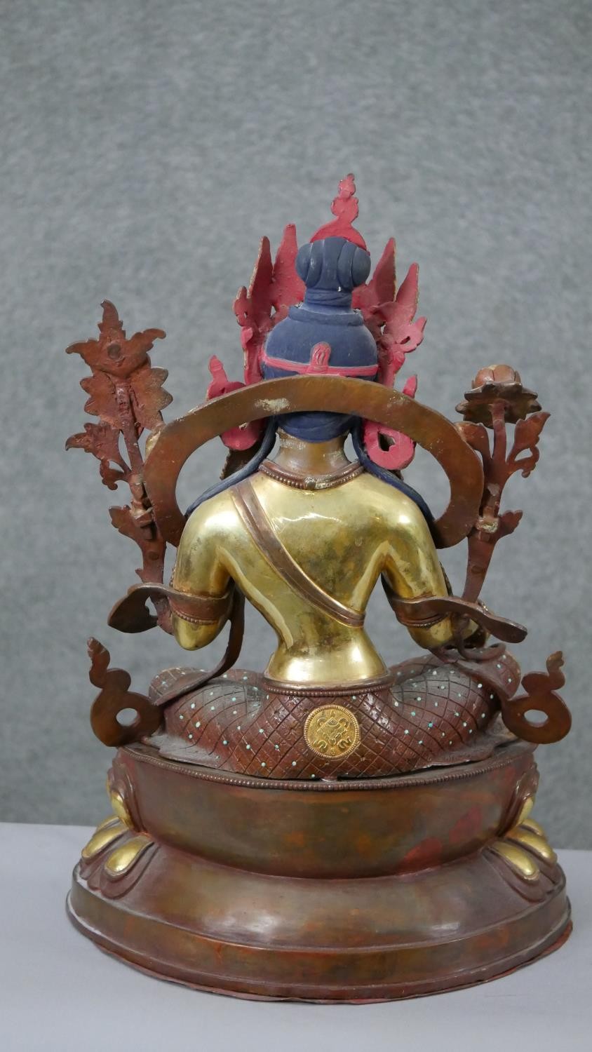 A large 20th century hand painted and gilded copper green Tara figure with hand painted details - Image 8 of 8