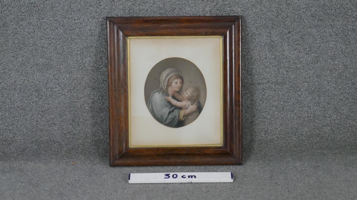 A framed and glazed 19th century hand coloured engraving of the Virgin Mary and Jesus. Unsigned. H. - Image 3 of 3