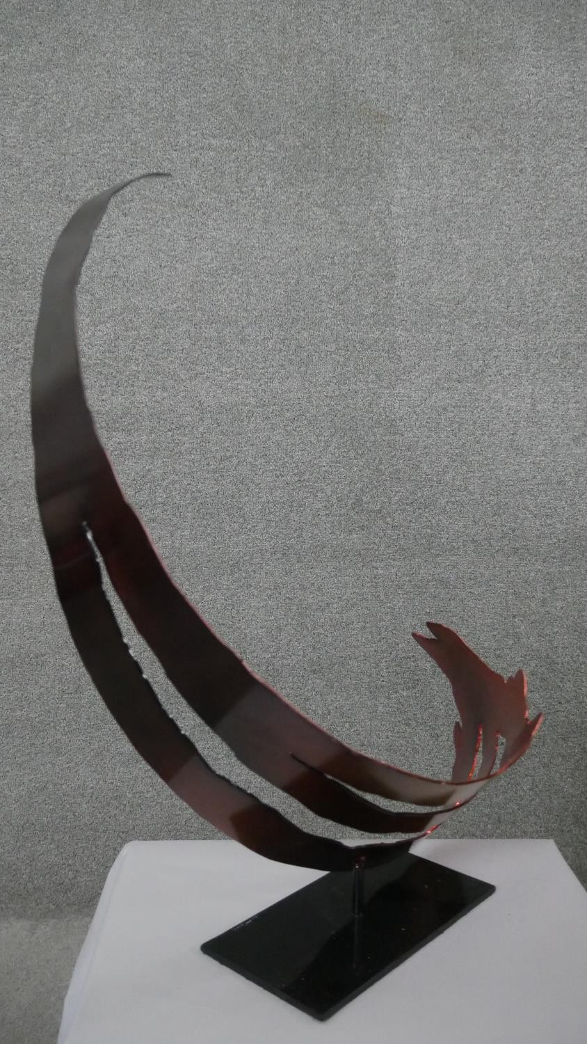 A large copper effect abstract curl steel sculpture on rectangular base. Indistinctly signed and - Image 4 of 5