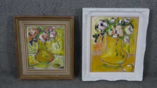 Two framed oils on board, still life flowers in a vase, signed and dated Rey. H.47 W.39CM (largest)