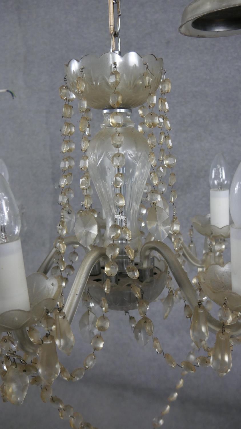 Two vintage cut crystal chandeliers, one eight (branch broken) branch and one five branch with - Image 2 of 6