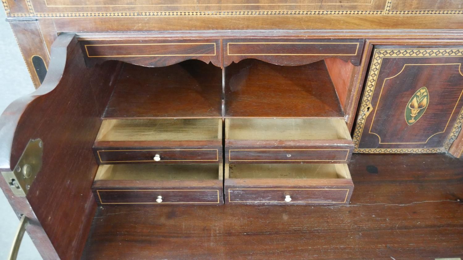 A Georgian mahogany, ebony and satinwood strung secretaire chest with fall front revealing fitted - Image 6 of 13