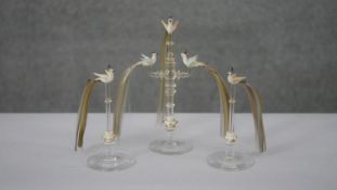 Three vintage Murano style lamp work glass bird figures with multicoloured fibre tails. One with