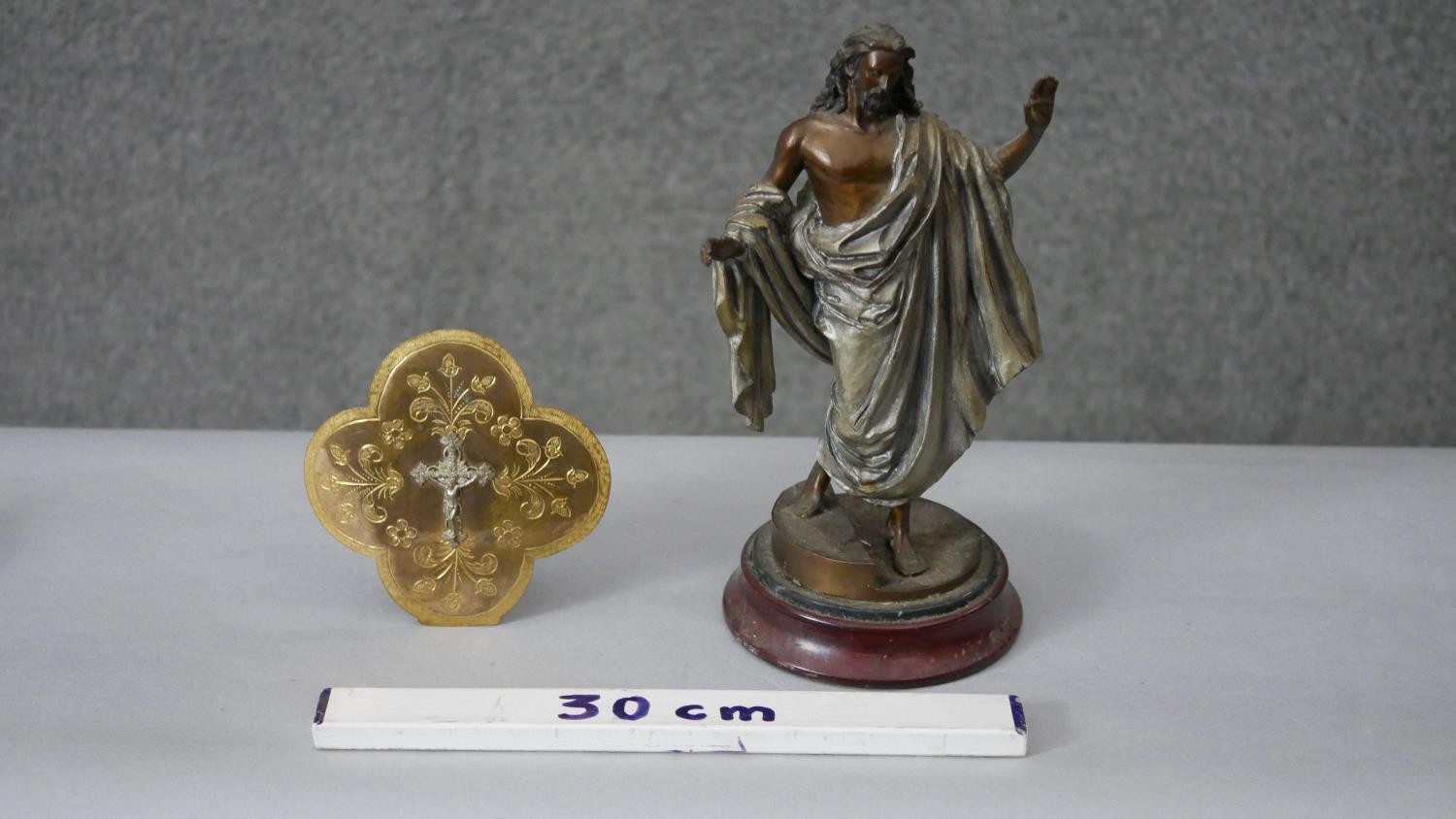 A painted hot cast bronze sculpture 'Jesus now and forever', label to base along with a gilt metal - Image 2 of 7