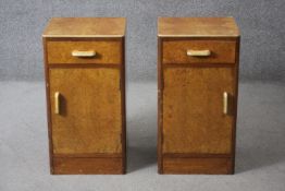 A pair of mid century Art Deco style burr maple and walnut bedside cabinets. H.68 W.36 D.34 cm.