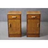 A pair of mid century Art Deco style burr maple and walnut bedside cabinets. H.68 W.36 D.34 cm.