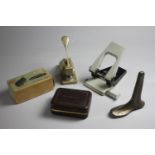 A collection of stationery and other items. Including a shoe last, a viceroy razor, a paper stamp