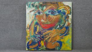 A large oil on canvas, portrait study, "Crazy Fine Feeling", Sally James, exhibition labels to the
