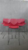 A set of six contemporary high stools on metal frames. H.110 W.44 D.44 cm