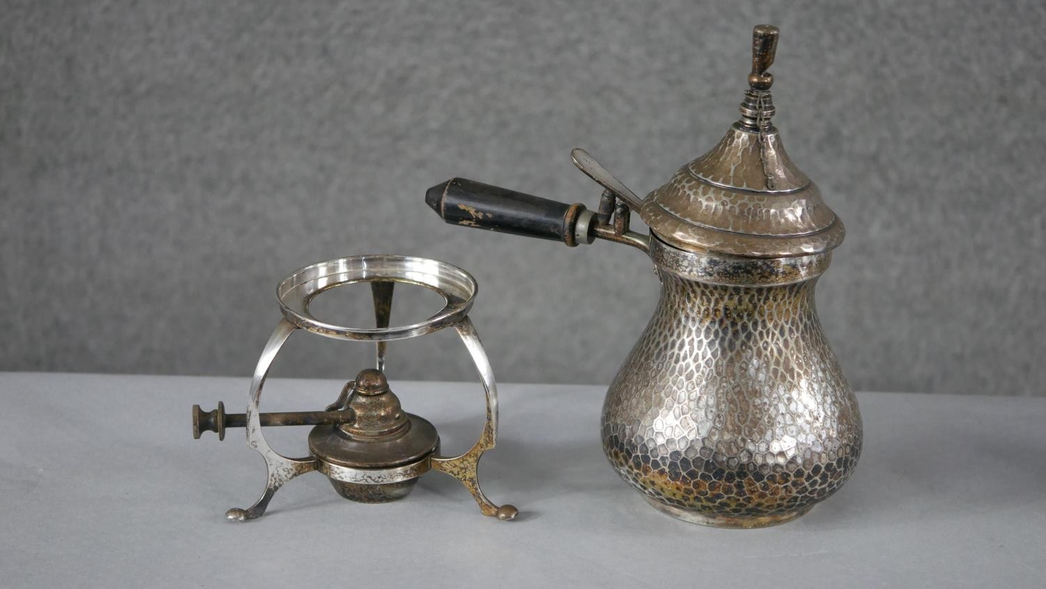 A late 19th century Arts and Crafts three piece Continental hammered silver plate coffee set. - Image 3 of 5