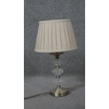 A vintage glass and brass table lamp with cream pleated shade. H.45 Diam.25 cm