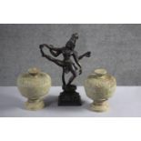 A 19th century brass figure of Shiva on square pedestal along with a pair of carved alabaster lidded
