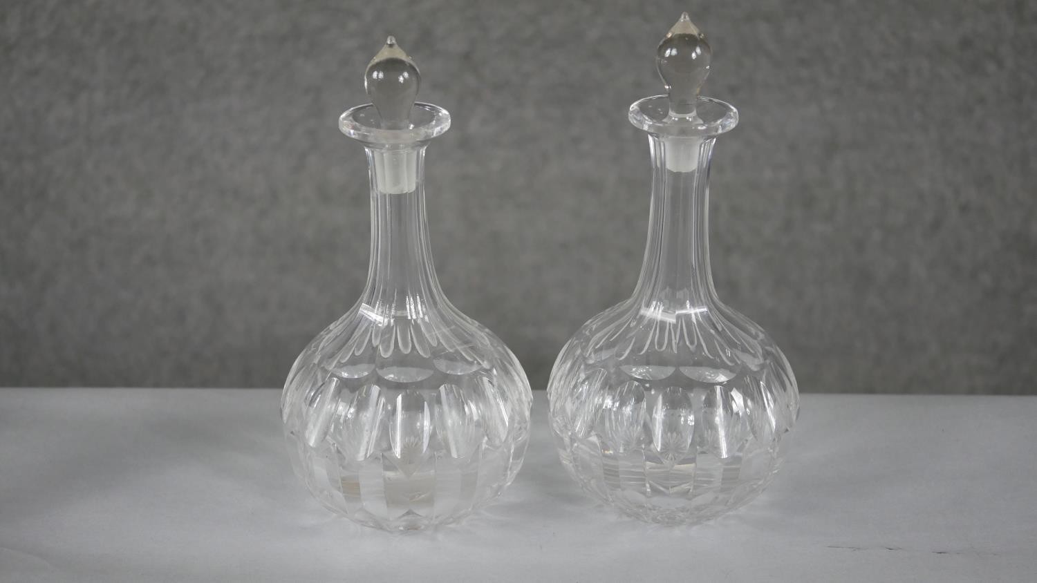 Four 19th century petal cut crystal decanters with stoppers. (two original) H.22 W.12cm (largest) - Image 2 of 6