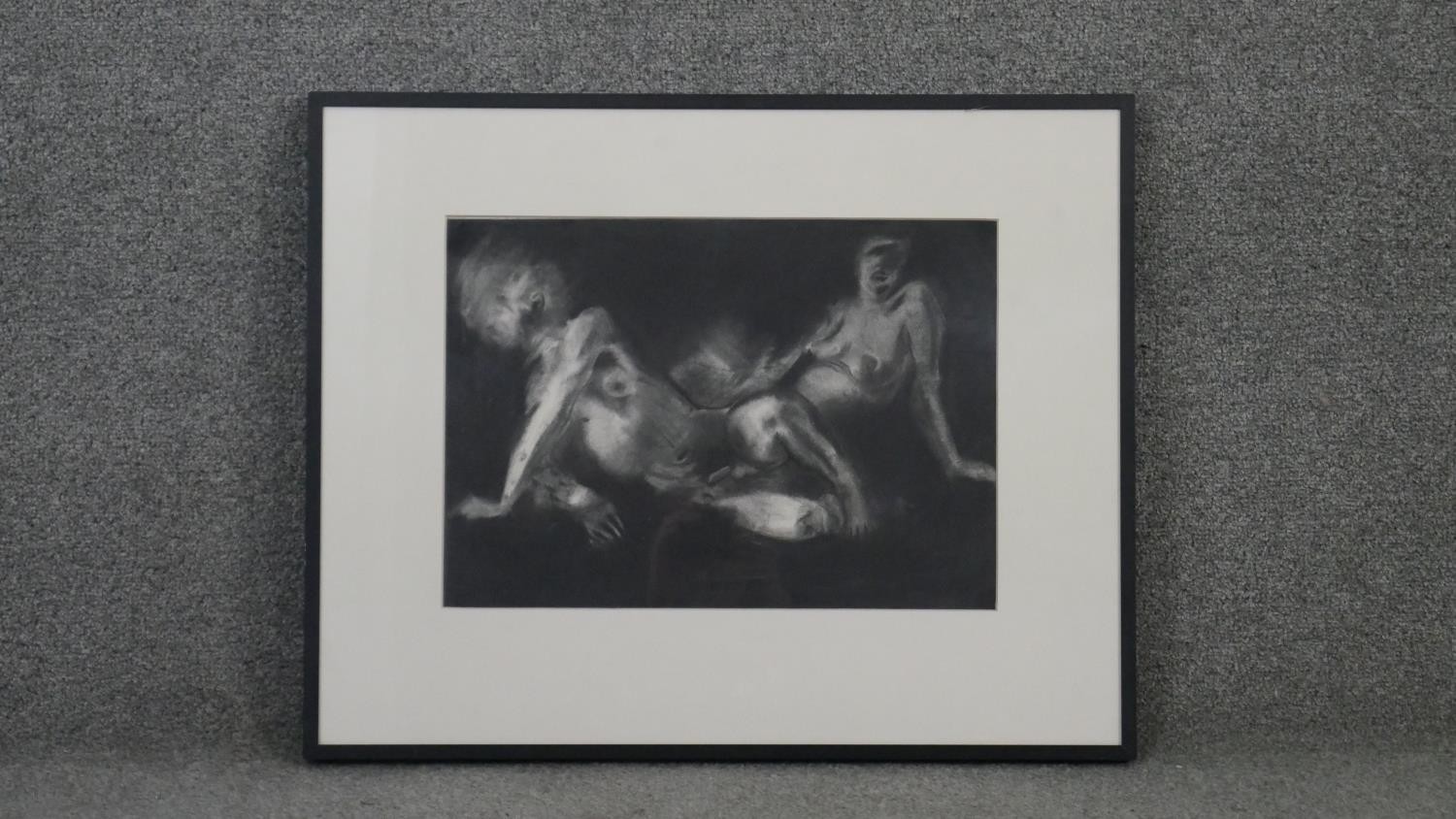 Ian Rank-Broadley (1952- ) A framed and glazed chalk on paper of two figures. Label verso. H.50 W. - Image 2 of 4