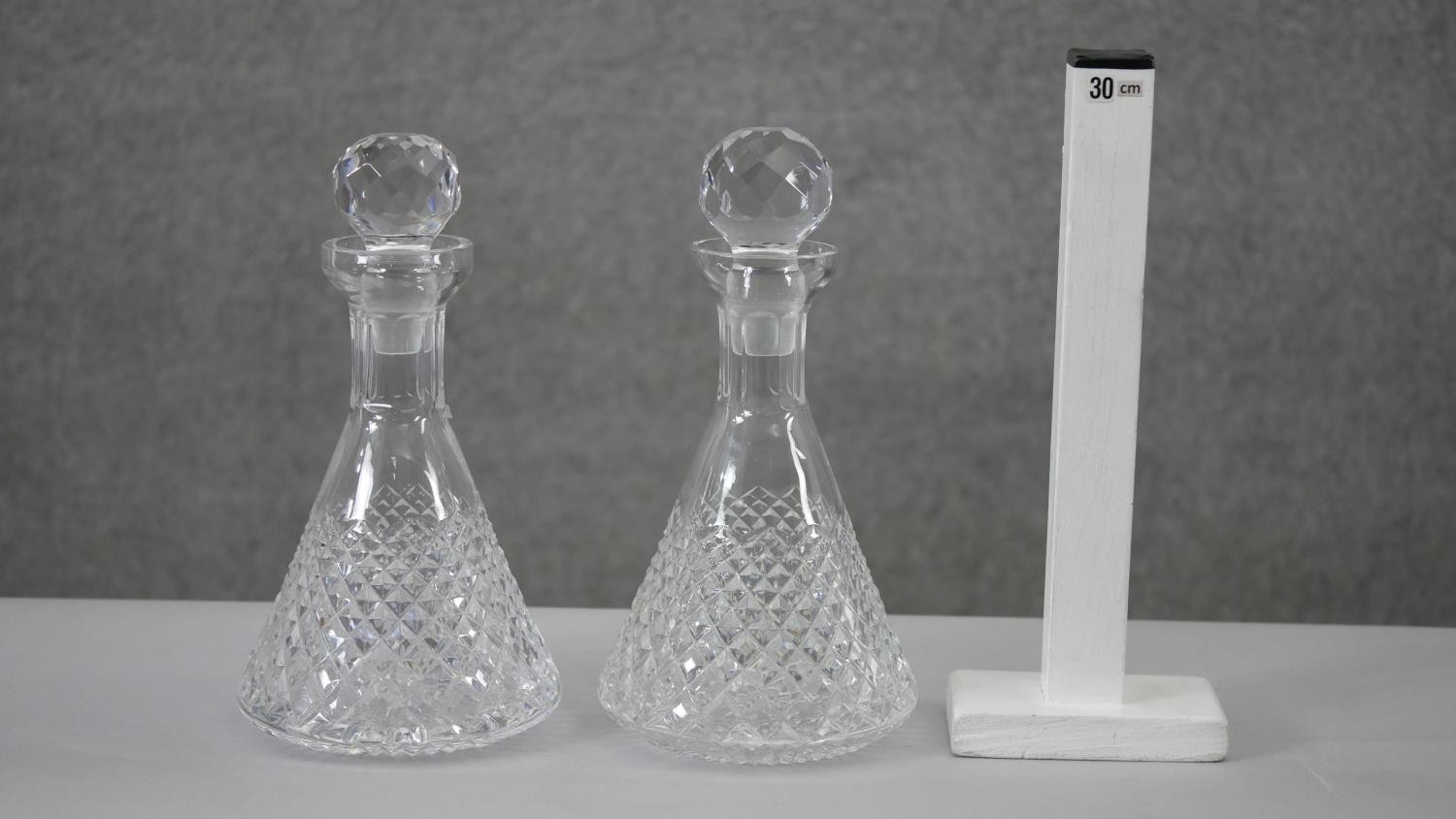 A pair of Tyrone cut crystal conical design decanters with ball stoppers. Stamped to the base. H. - Image 6 of 6