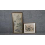 Two framed and glazed 19th century Japanese ink studies. One of a mountain landscape with temple and