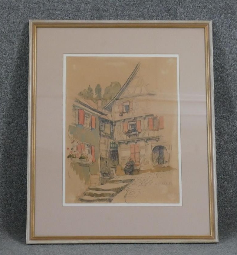 Carl Felkel (1896 - 1978)- A framed and glazed watercolour and pencil on paper of an Austrian street - Image 2 of 4