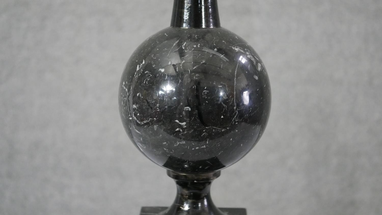 A carved black fossilised marble table lamp of architectural design. H.65 W.10 D.10 cm - Image 4 of 4