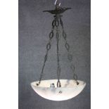 A vintage marble effect glass domed uplighter ceiling light with brass foliate design chain