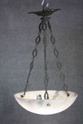 A vintage marble effect glass domed uplighter ceiling light with brass foliate design chain