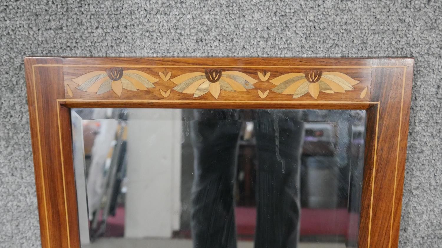A pier mirror with bevelled plate in Arts and Crafts style floral inlaid frame. H.66 W.35 cm - Image 3 of 7